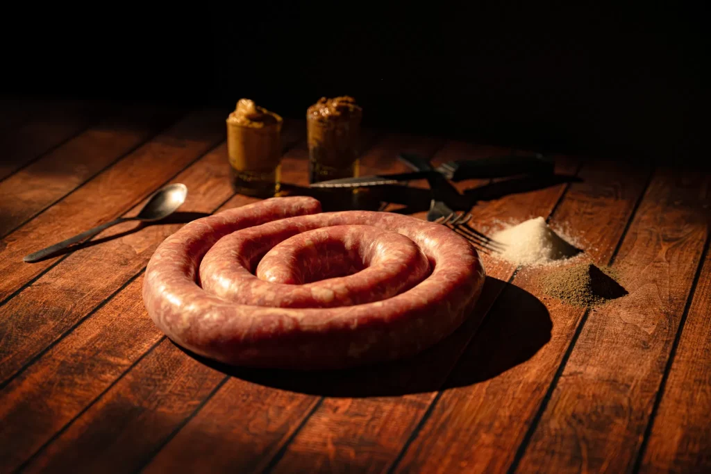 Photo produit d'ambiance, saucisse avec des assaisonnements (sel, poivre, moutarde,...), photos Tarn Occitanie France